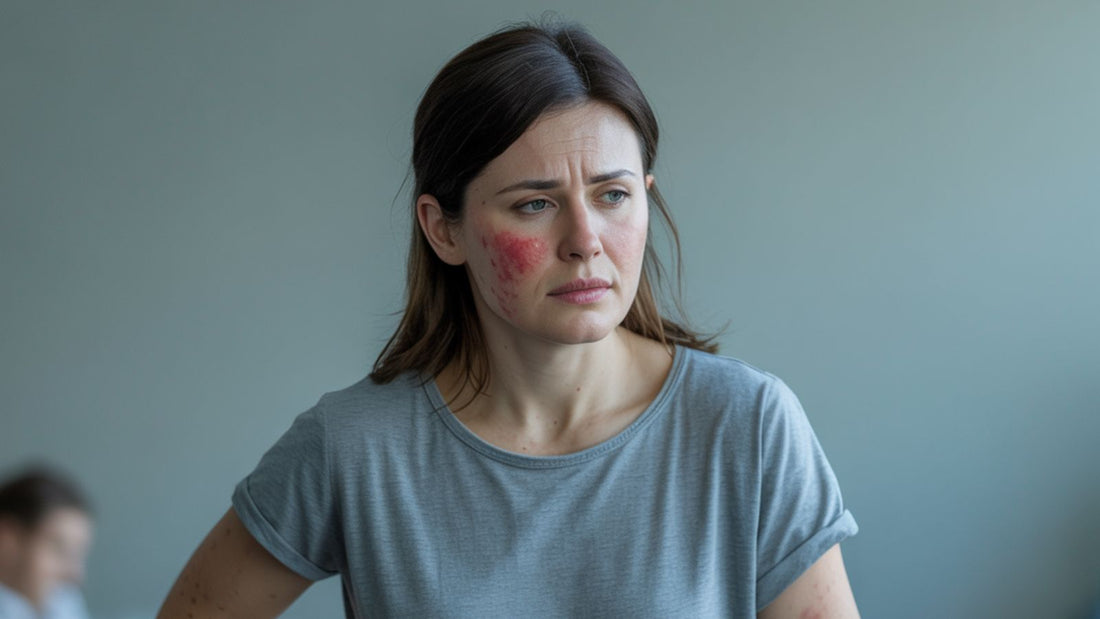 A woman showing symptoms of liver and kidney fatigue with yellowish skin, dark circles, puffiness, and red pimples.