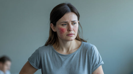 A woman showing symptoms of liver and kidney fatigue with yellowish skin, dark circles, puffiness, and red pimples.